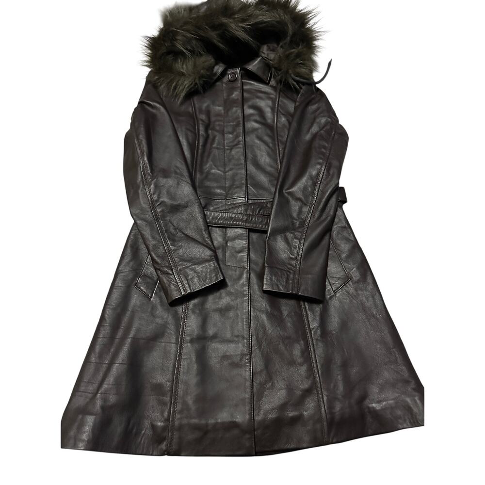 NWT Real Leather Brown Long Trench Coat Hooded Faux Fur Trim Jacket Size Small